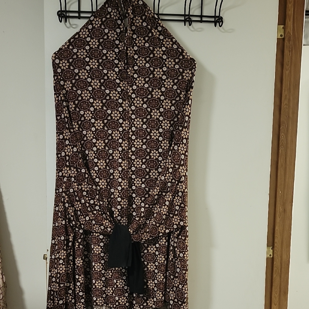 Brown Floral Halter Maxi Dress with Tie Waist